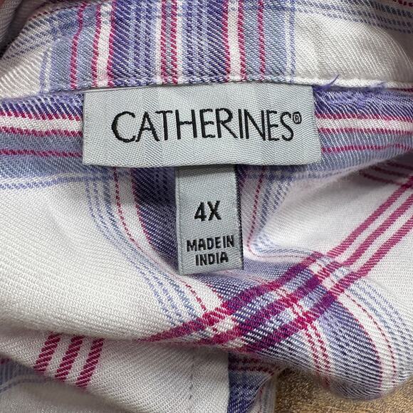 Catherines Plus Size 4X Top Plaid Button Up Roll Tab Sleeve Classic Soft Preppy - Picture 6 of 13